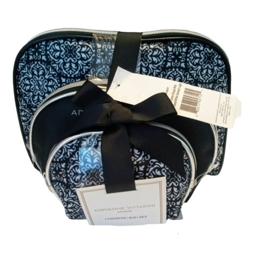 NWT Adrienne Vittadini Studio Set of 3 Cosmetic Bags Black/White Damask Logo